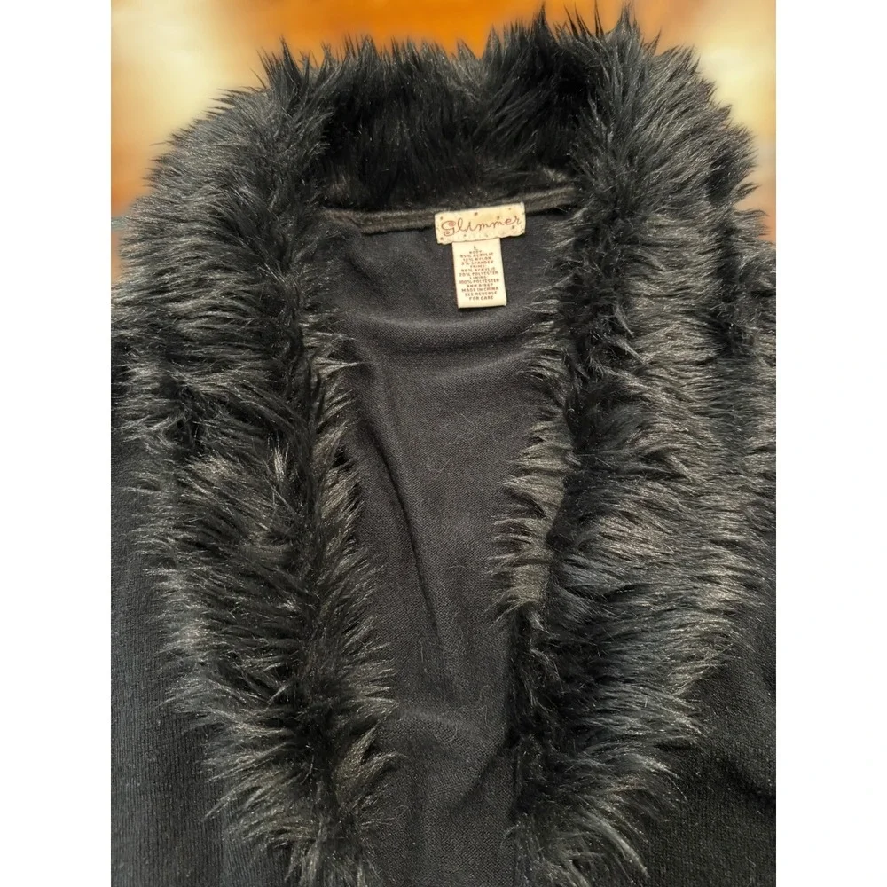 Y2K Goth Shimmer Black Cardigan Sweater Faux Fur‎ Collar Long Sleeve Womens - Picture 7 of 7